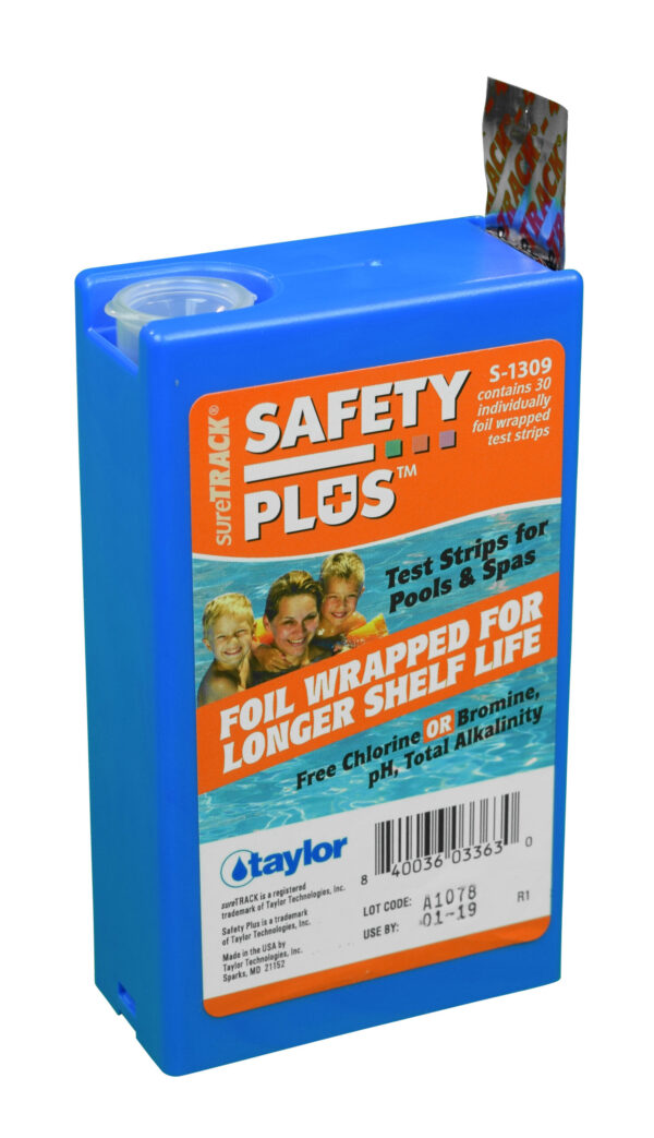 Test Strips, sureTRACK Safety Plus foil-wrapped strips in slide dispenser, Alk/Br/Cl/pH - Taylor Technologies